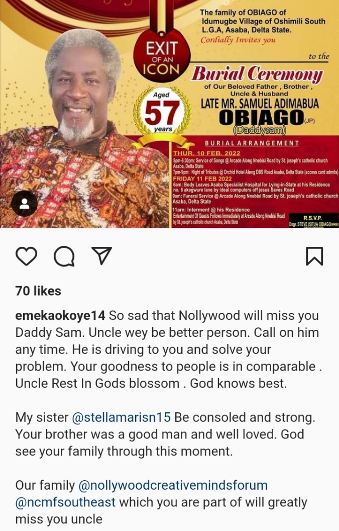 Late Nollywood Veteran, Sam Obiago’s Funeral Arrangements Revealed