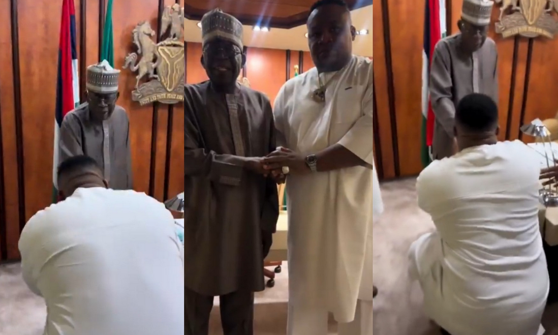 Man mocks "OBIdients" as Cubana Chief Priest kneels before Tinubu