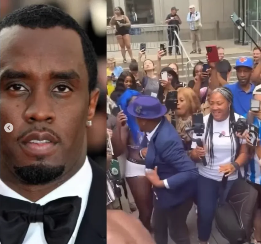 Diddy supporters spotted pouring baby oil on each other to celebrate the verdict outside the courthouse