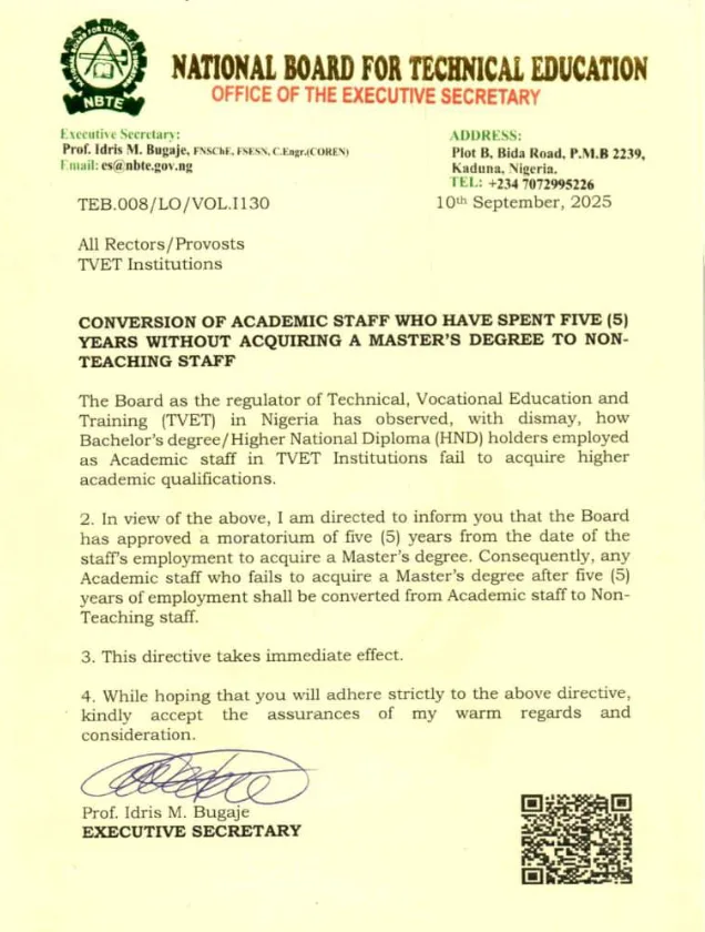 Nigerian Polytechnics to Convert Academic Staff without Master's Degrees to Non-Academic Roles