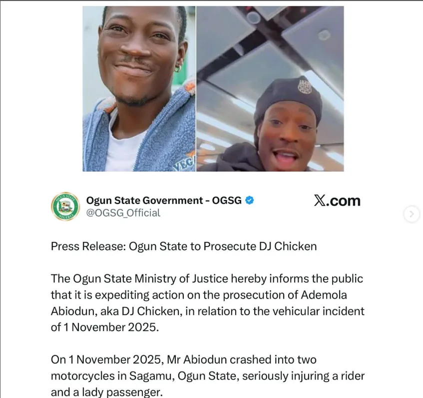 Ogun to Prosecute DJ Chicken Over Multiple Road Crashes