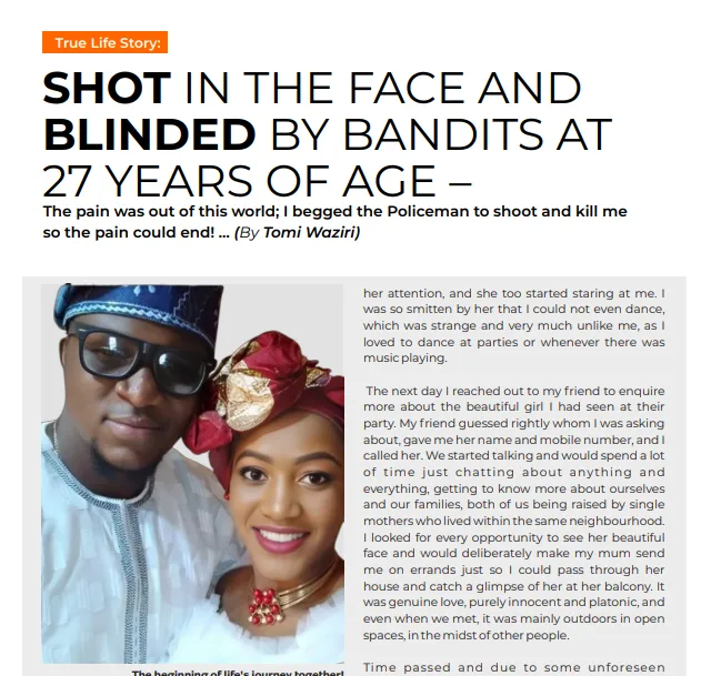Tomi Waziri shares his love story after he was shot and blinded by bandits at 27: Charming Magazine Issue 10