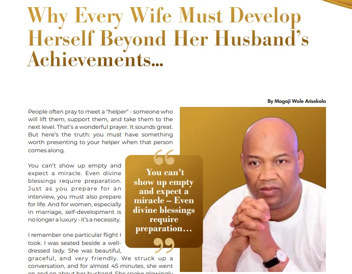 Why Every Wife Must Develop Herself Beyond Her Husband's Achievements - By Mogaji Wole Arisekola