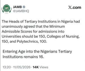 JAMB Sets 2026 Admission Benchmarks: 150 for Universities, 100 for Polytechnics and Colleges