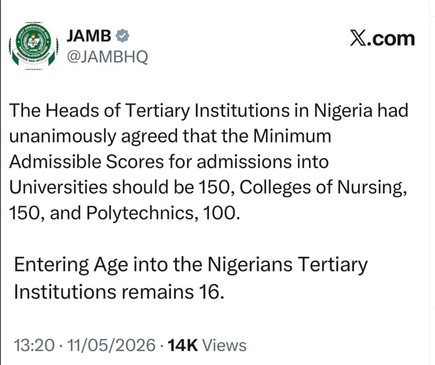 JAMB Sets 2026 Admission Benchmarks: 150 for Universities, 100 for Polytechnics and Colleges