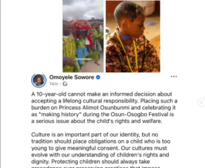Sowore Condemns Use of 10-Year-Old Princess as Arugba at Osun-Osogbo Festival, Sparks Nationwide Debate
